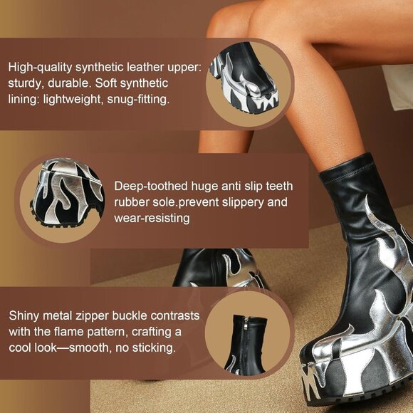 Women Silver Flame Printing Chunky Sole Ankle High Zipper Closure Round Toe Boot - Picture 5 of 8